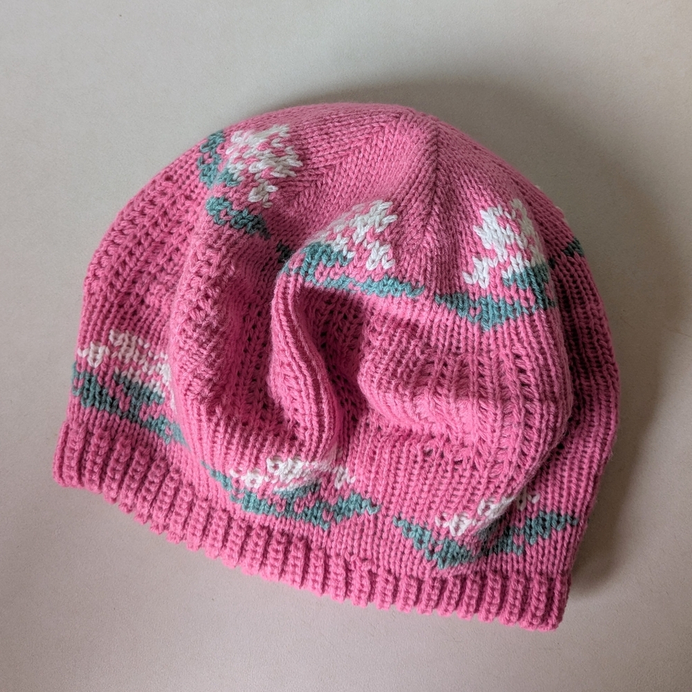 80s Vintage Knit Beret Fair Isle Winter Hat Pink White Flower Beanie Cap Tam - Picture 7 of 16